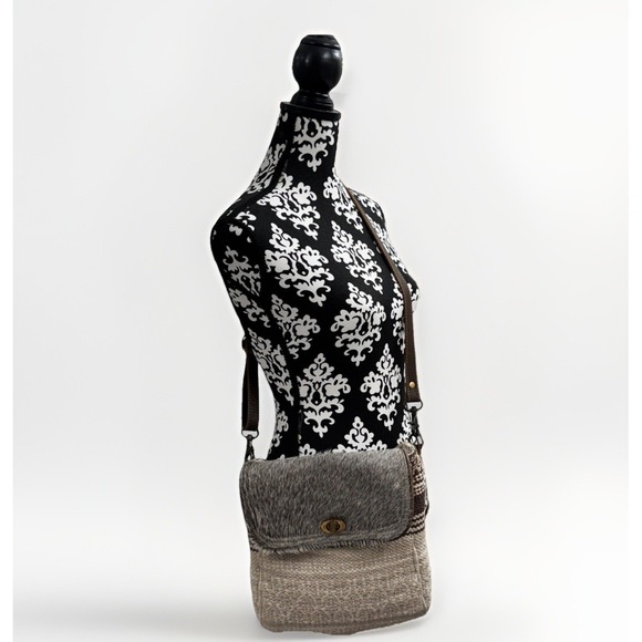 Myra Bag Convertible Crossbody Backpack Cow Hair On Hide Canvas Leather Strap - Picture 2 of 12